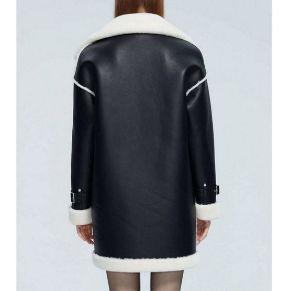 luxury PU faux leather faux fur coat contemporary warm streetwear - Picture 2 of 8